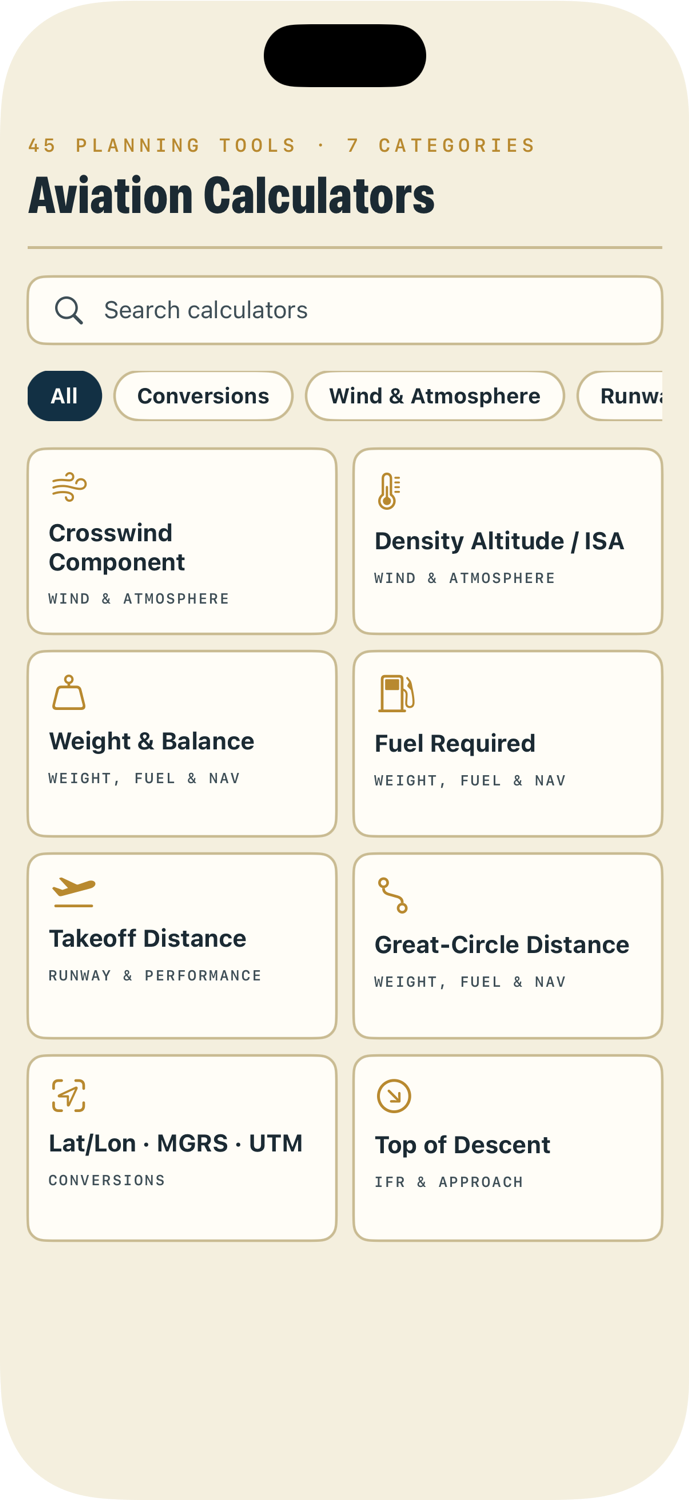 JustFly.ing calculator library showing categories like Wind and Atmosphere, Runway and Performance