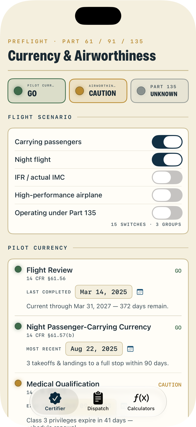 JustFly.ing Certifier screen showing pilot currency and aircraft airworthiness status
