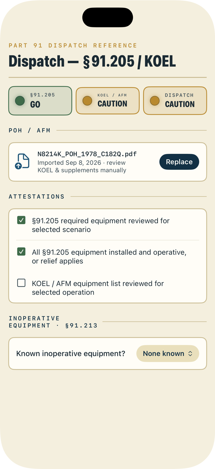 JustFly.ing Dispatch screen showing a section 91.205 and KOEL reference checklist