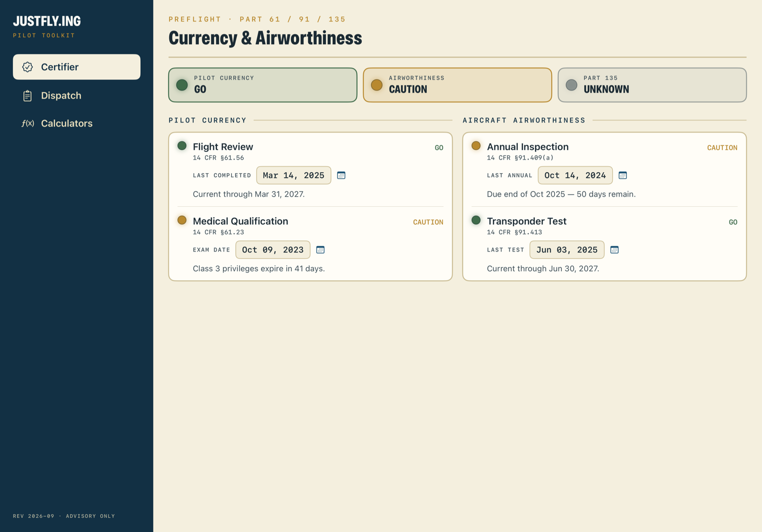 JustFly.ing on iPad showing a split-view layout with Certifier, Dispatch, and Calculators in the sidebar
